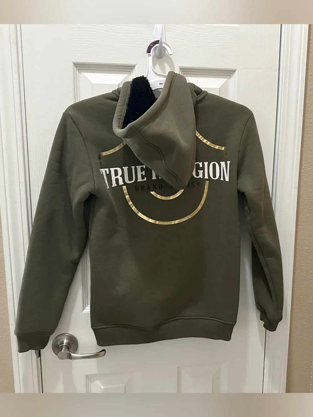 True Religion Olive Green Graphic Fleece-Lined zip up jacket youth M 10/12